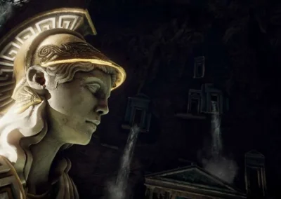 Vue immersive d'un décor grec antique avec des temples et statues mythologiques dans l'Escape Game Médusa chez Cap'VR Nîmes