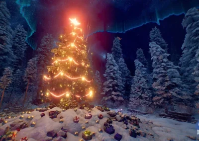 écoration féérique et sapin de Noël dans l'Escape Game VR à Nîmes, où les joueurs doivent sauver Noël en retrouvant les cadeaux perdus.