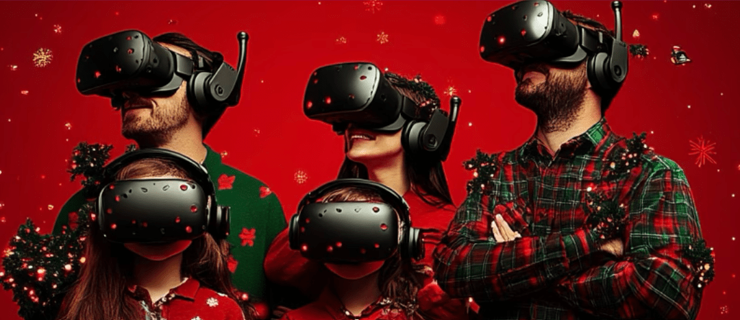 Expérience immersives Noël à Nîmes:Groupe d'amis vivant une expérience immersive en réalité virtuelle lors d'un événement de Noël.