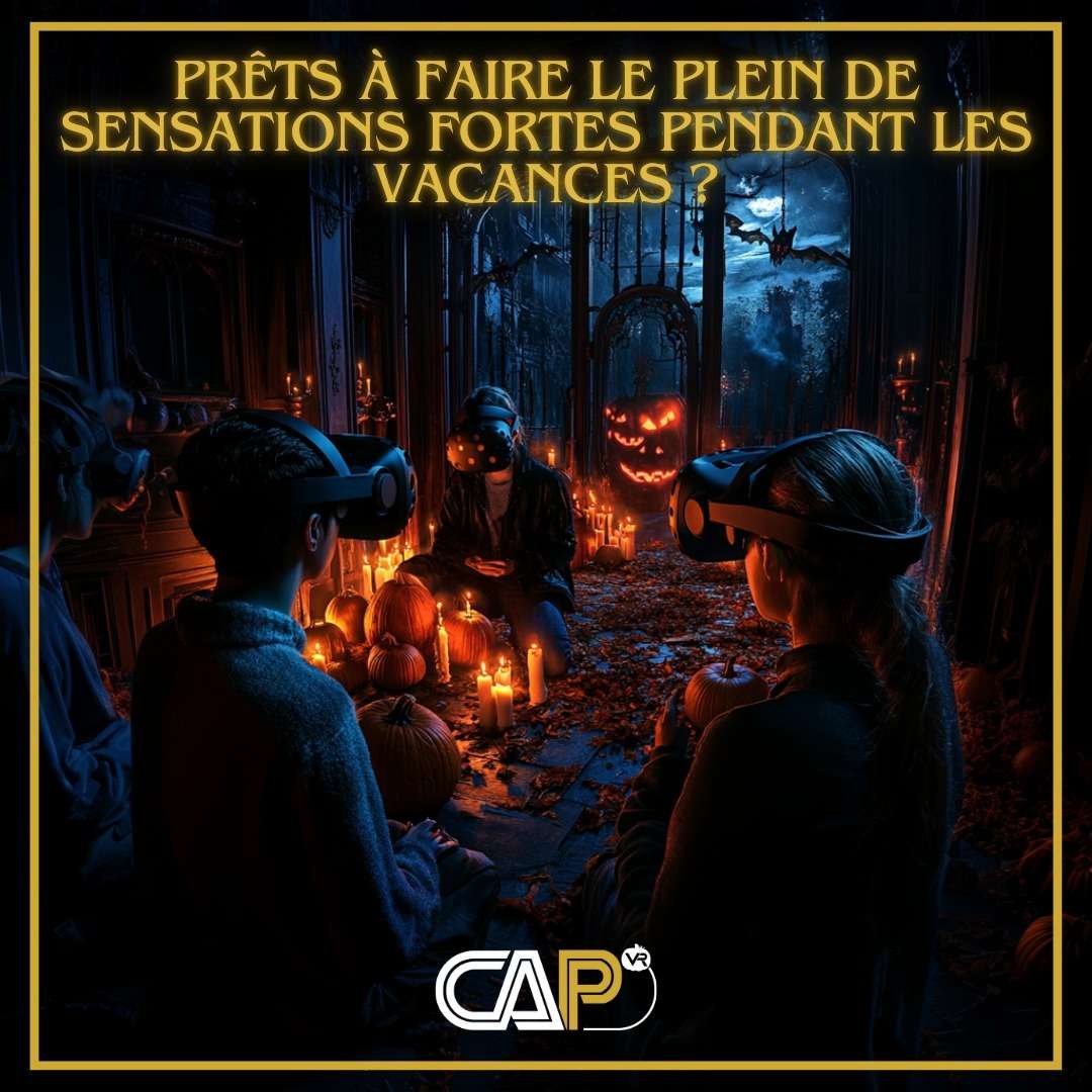 Groupe de joueurs portant des casques de réalité virtuelle dans une ambiance d’Halloween avec citrouilles et bougies chez Cap’VR à Nîmes, pendant les vacances de Toussaint.